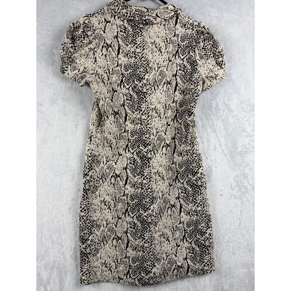Calvin Klein Snake Print Shift Dress – Puff Sleeve Stretch – Tan/Black – Size 8P - Picture 4 of 8